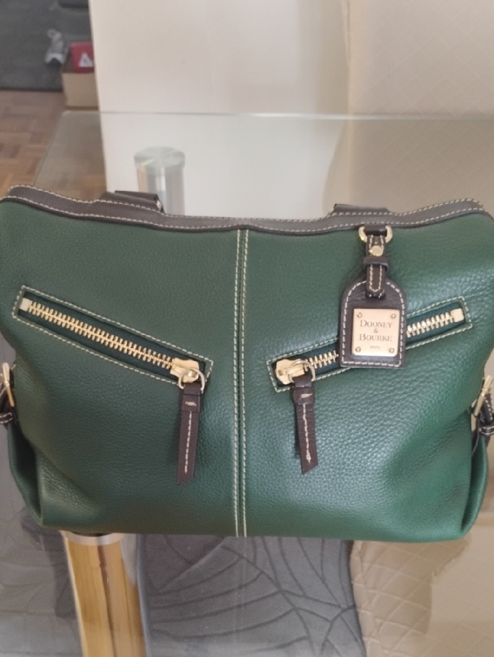 Dooney & Bourke Green Pebbled Leather Shoulder Tote with Dark Brown Trim - Picture 4 of 7